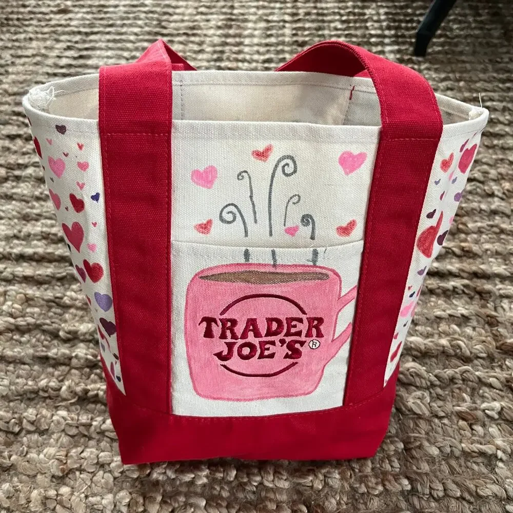 Trader Joe's Mini Canvas Tote Hand Painted Strawberry Coffee Mug Hearts Custom